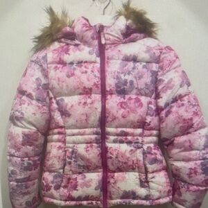Floral Pink Puffer Jacket with Faux Fur Hood